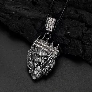 Hip hop lion head necklace with crown and rhinestones on black mineral background