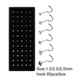 60-piece set of colorful crystal nose studs with sizing details of 1.5mm to 2.5mm