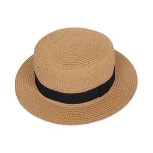 Detailed close-up of woven paper straw texture and black ribbon on classic boater hat
