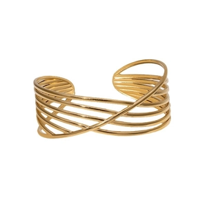 Minimalist gold geometric crisscross cuff bracelet made of polished stainless steel