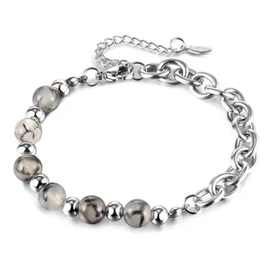 Stainless Steel Natural Stone Bead Splicing Bracelet Chunky Chain Industrial Style Jewelry For Men And Women Unisex