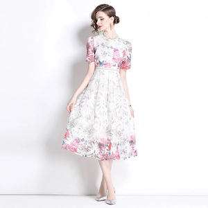 Elegantes weißes Spitzenkleid mit rosa und blauem Blumendruck in A-Linien-Silhouette