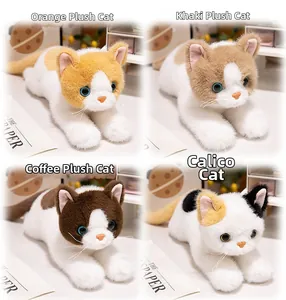 Detailed view of four realistic plush cats in orange, khaki, coffee and calico colors