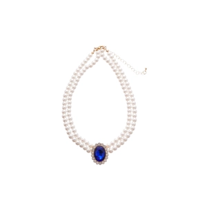 Double-layer pearl choker necklace with oval blue gemstone pendant and gold clasp