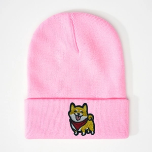 Bonnet en maille rose avec broderie Shiba Inu mignonne et design côtelé pour hiver