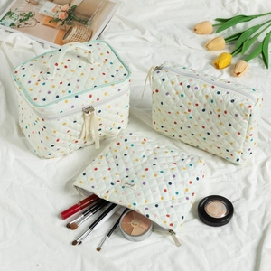 Detailed set of three colorful polka dot quilted cotton cosmetic bags for travel
