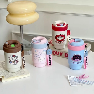 Portable stainless steel coffee mugs with cute cartoon designs and carry straps