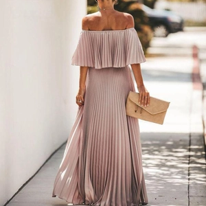 Rear view of pink off-shoulder maxi dress featuring elegant pleated chiffon fabric