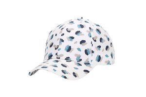 Detail of colorful abstract print on white cotton baseball cap showing fabric texture