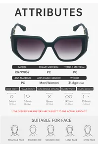 Detailed dimension chart for cat eye sunglasses with frame and lens measurements