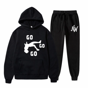 Close-up of black waffle knit hoodie set with GO GO GO print and drawstring details