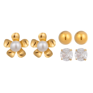 Detailed set of three gold stud earrings featuring flower pearls, beads, and cubic zirconia