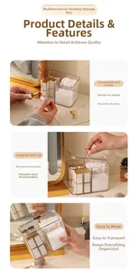 Detail of transparent makeup organizer with vertical stripes and golden heart handle