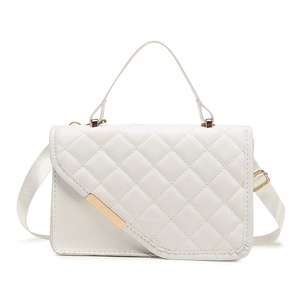 White quilted crossbody bag with gold metal trim and chain strap on white background
