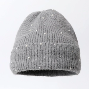 Bonnet En Tricot Avec Künstliche Perles Et Strass Chaud À Revers Côtelé Moelleux Bonnet D'Hiver Pour Femmes Filles