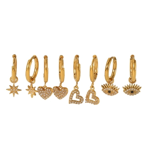 Set of four 18K gold plated stainless steel huggie earrings with evil eye and heart charms