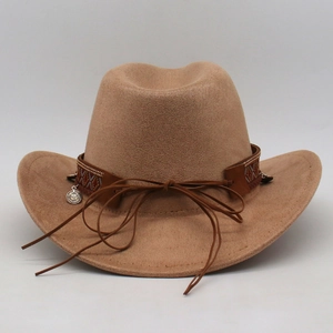 Close-up of khaki felt western hat featuring ethnic woven band and metal pendant