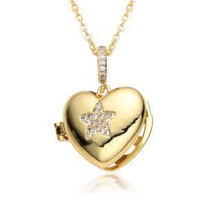 Detailed view of heart locket pendant with micro-paved star on a gold plated necklace