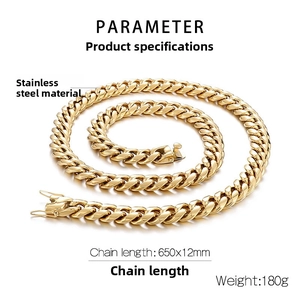 Detailed view of 12mm gold stainless steel Cuban link chain with lobster clasp and weight specs