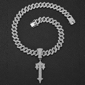 Hip hop silver Cuban link chain with iced out cross sword pendant on leather