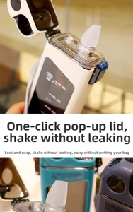 Detail of 350ml square plastic water bottle with one-click pop-up lid and straw