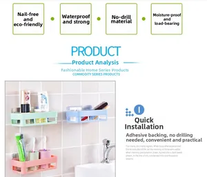Close-up of waterproof adhesive wall mount storage shelf for bathroom and kitchen
