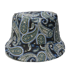 Detailed view of the paisley pattern print on the durable fabric of this bucket hat