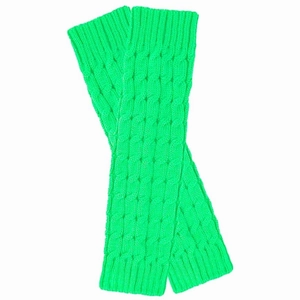 Detailed cable knit pattern on neon green leg warmers with ribbed elastic cuffs