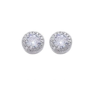 Classic round halo stud earrings for men in silver finish with pavé set white zircon