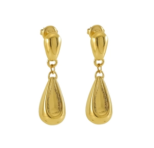 Macro detail of high-polish 18K gold waterdrop earrings with a hollow pear-shaped design