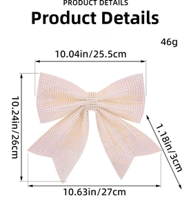 Detailed dimensions of silver glitter Christmas bow with weight and size measurements