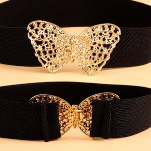 Elastic black waist belt featuring a large golden butterfly buckle for women's dresses