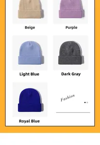 Detailed grid of ribbed knit beanies in beige, purple, blue, grey, and light blue colors