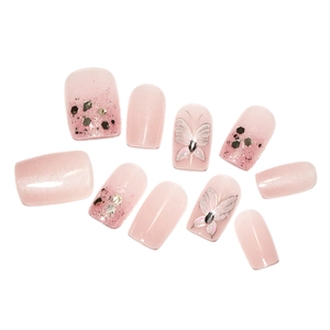 Pink press-on nails set with glitter sequins and 3D butterfly designs for women