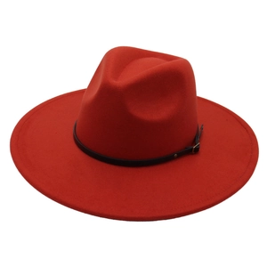 Classic red wool fedora hat with wide brim and black leather belt buckle decoration