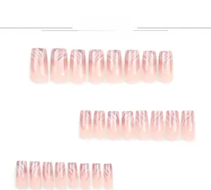 Detailed set of pink marble gradient press-on nails in 24 pieces with various sizes