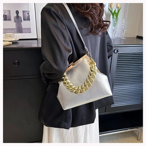Detail of silver textured handbag with bold gold chain strap and vintage clip closure
