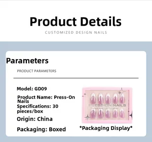 Detail view of almond press-on nails packaging with specifications for 30 piece set