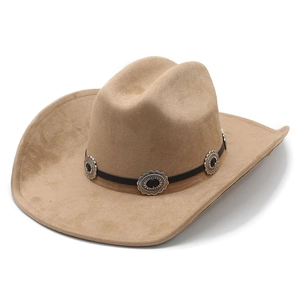 Western Cowboy Hat Suede Polyester Large Brim Vintage Metal Conchos Adjustable Retro Bohemian For Men Women