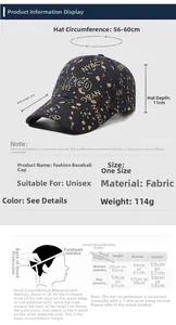 Size chart showing baseball cap brim 9cm and adjustable circumference 56-60cm for unisex fit