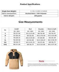Detailed size chart and fabric specs for men's hooded sweatshirt in cm and inches