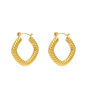 Minimalist 18K gold plated stainless steel twisted hoop earrings on white background