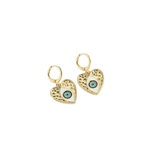 Bohemian gold heart earrings with evil eye motif and hammered texture design