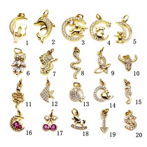 Gold plated micro zircon charm collection featuring moon, animal, and butterfly designs