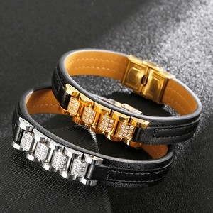 Luxe gold and silver stainless steel leather bracelets with sparkling CNC diamond accents