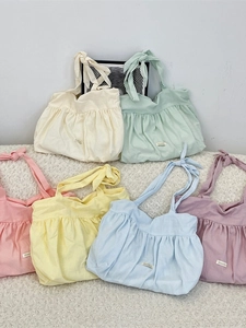 Women Ruffled Shoulder Bag Ramie Linen Tote With Bow Knot Adjustable Strap Korean Sweet Aesthetic Handbag