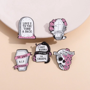 Five-piece punk Halloween gothic enamel pin set with skull, coffin and tombstone designs