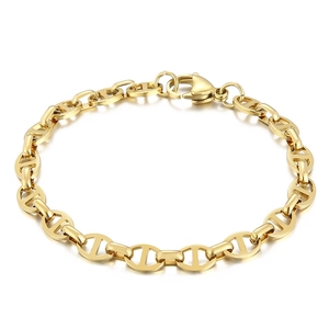 Polished gold minimalist pig nose link chain bracelet with lobster clasp on white background