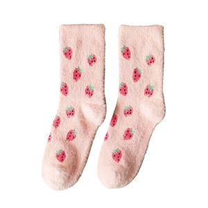 Pink mink velvet socks with red strawberry pattern for winter warmth and cozy home wear