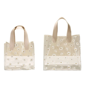 Clear PVC daisy floral gift bags with beige ribbon handles in two various sizes